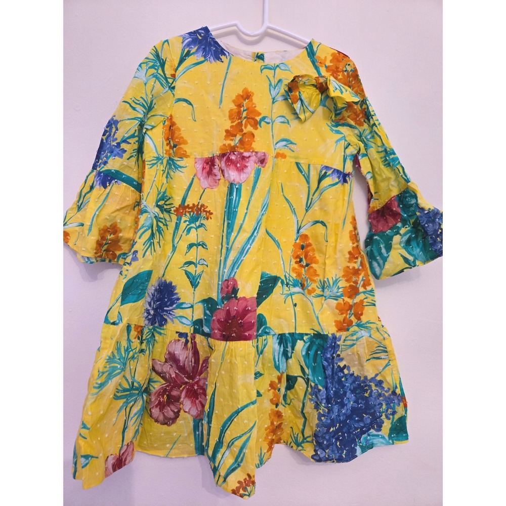 Nanos Girls Yellow Floral Swiss Dot Tiered Dress Size 8 Bell‎ Sleeve Bow Detail